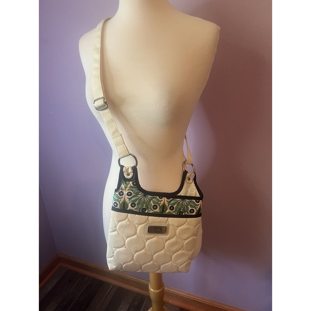 Cinda B White Cream Green Blue‎ Hipster Quilted Nylon Bag Purse